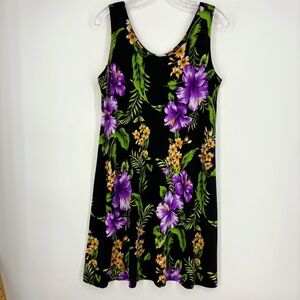 J&J Fashion Hawaii Womens Small Tank Dress Black Purple Green Hibiscus Floral